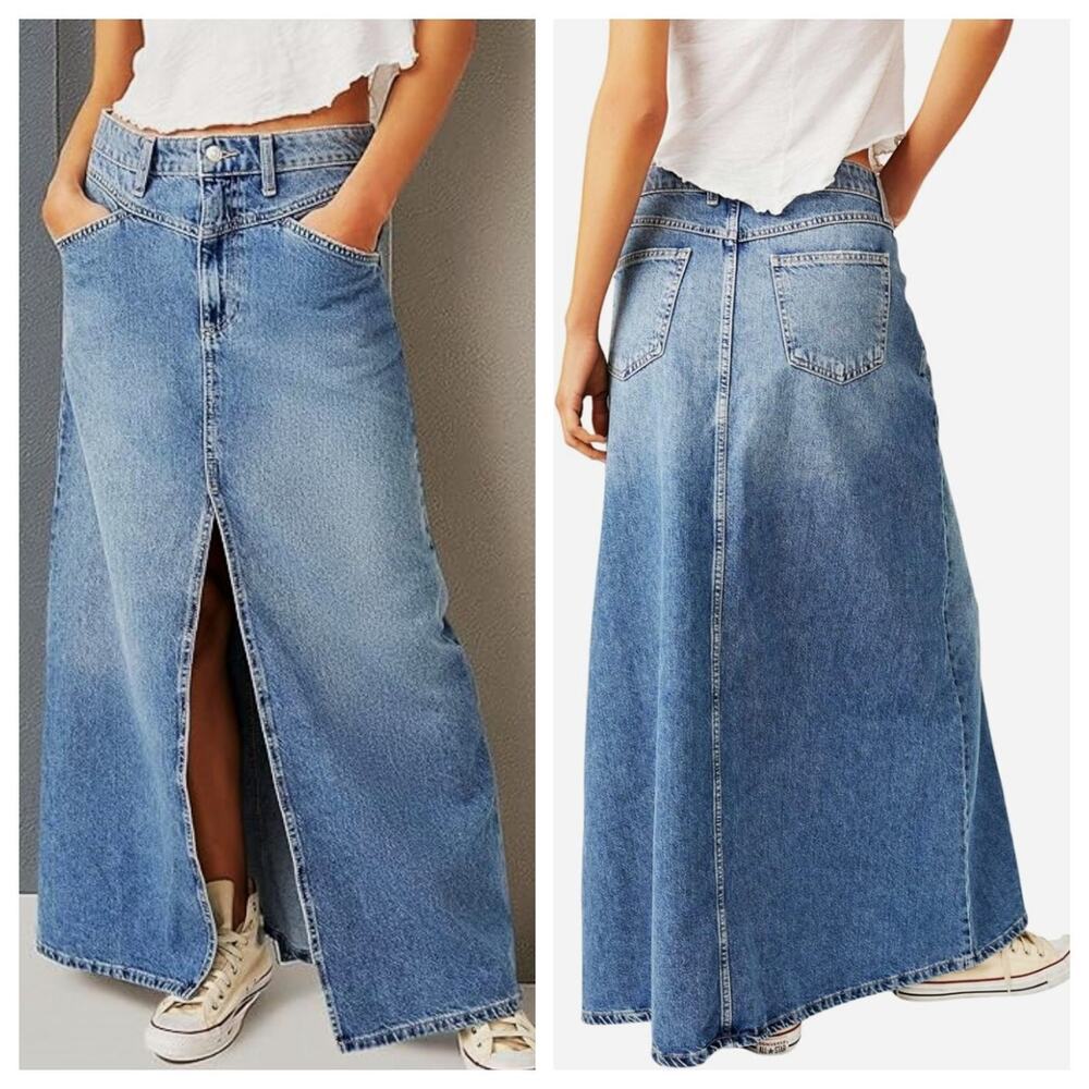 Classic Blue Denim Maxi Skirt with Front Slit
